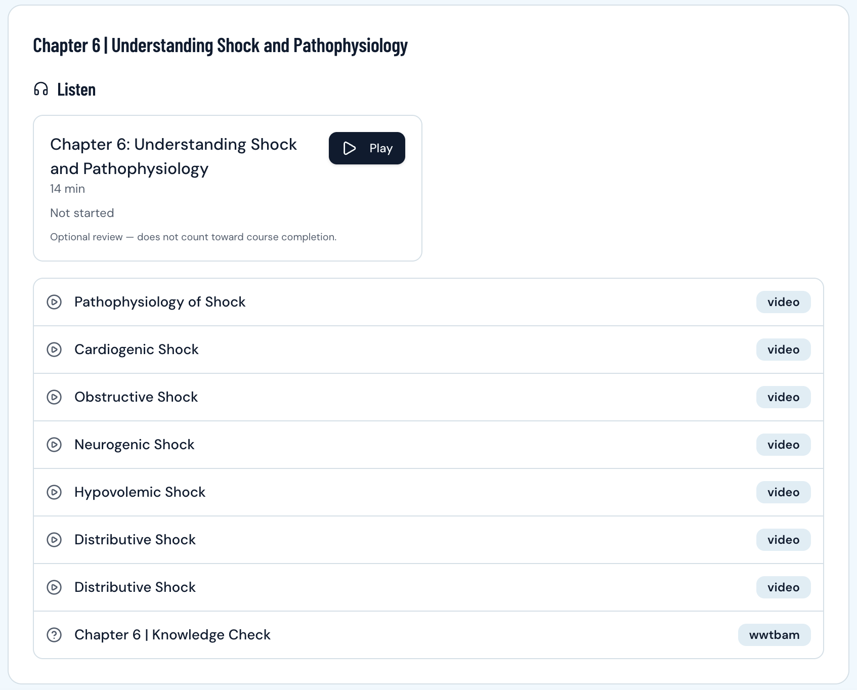 Chapter 6: Understanding Shock and Pathophysiology audio textbook lesson with chapter video list