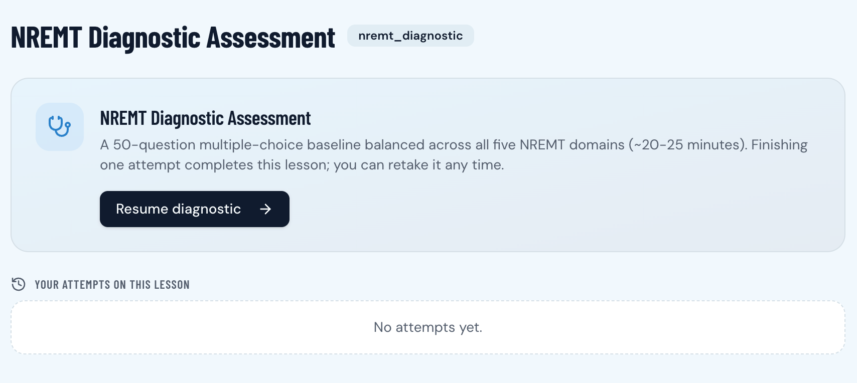 NREMT Diagnostic Assessment lesson with 50-question baseline