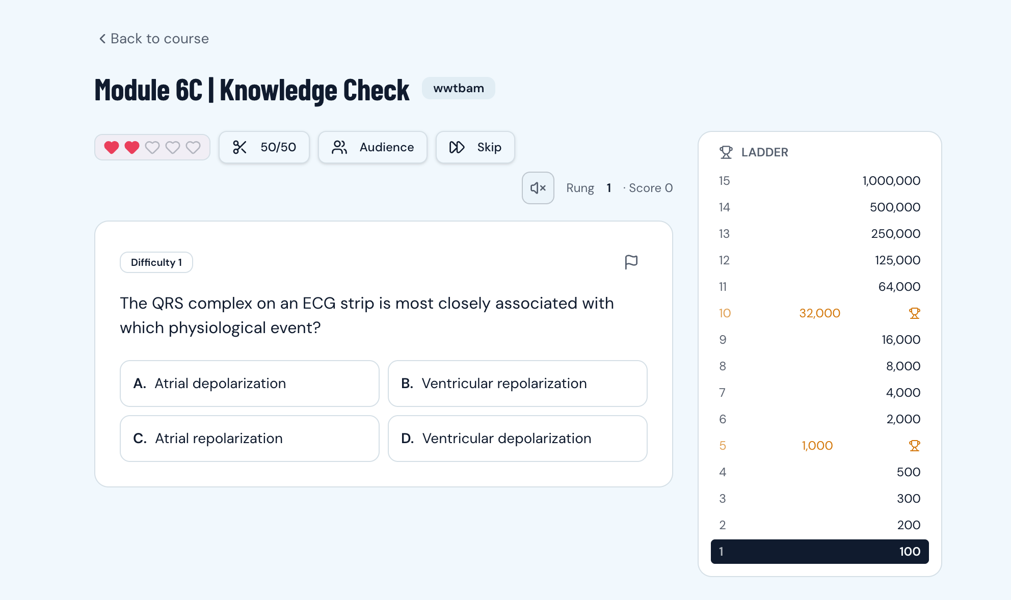 Who Wants to Be a Paramedic knowledge check with a ladder scoreboard