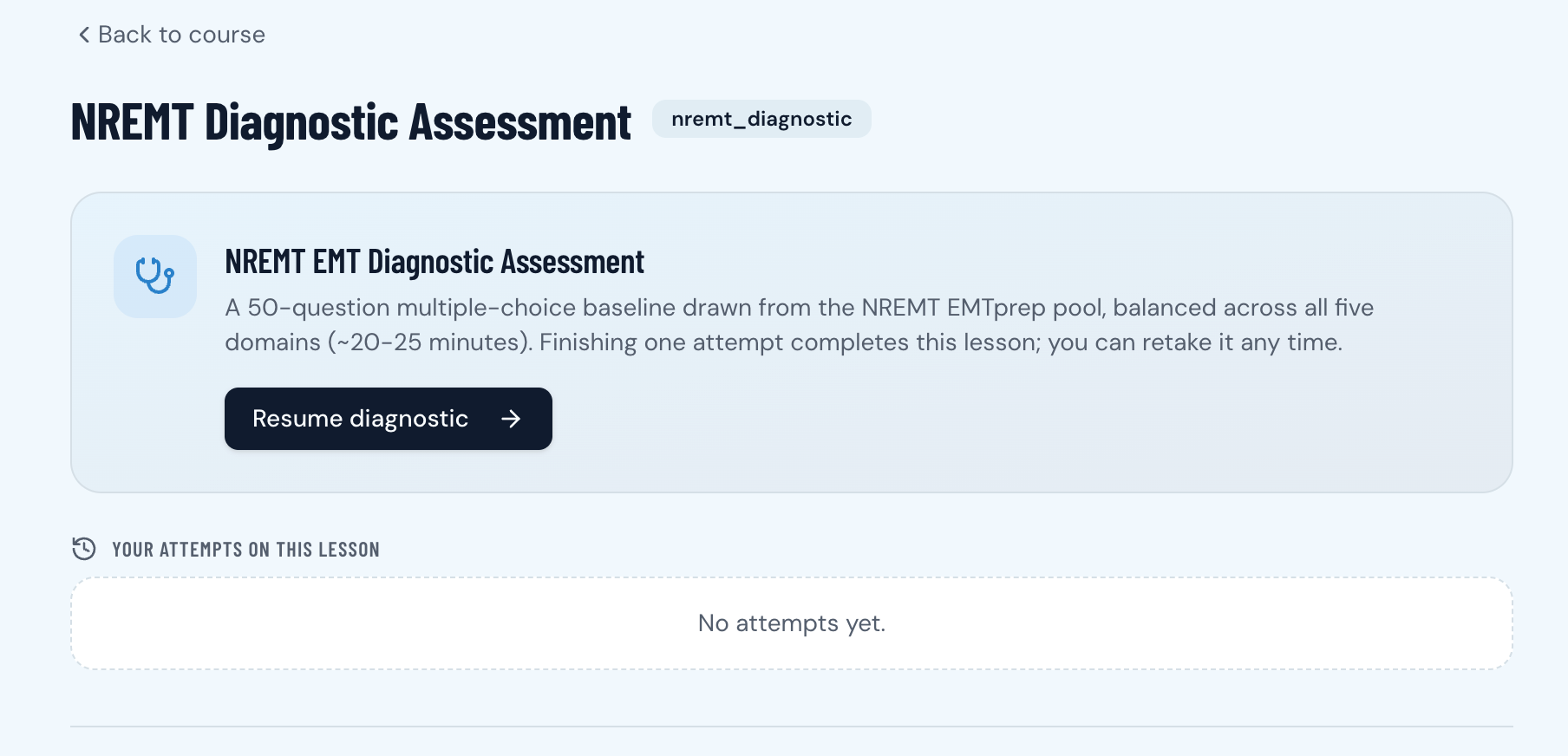 Diagnostic assessment lesson showing a resume-in-progress attempt
